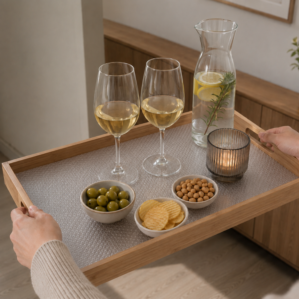 Transparent antiskli skuffeinnlegg brukt på et serveringsbrett med glass, drikke og snacks. - Lindas Dekor