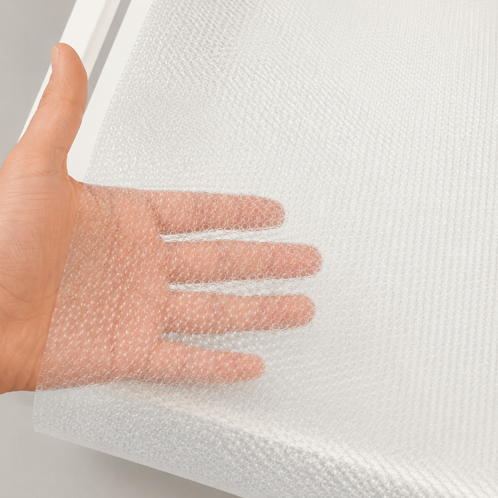 Hånd bak transparent antiskli skuffeinnlegg som viser det gjennomsiktige materialet. - Lindas dekor