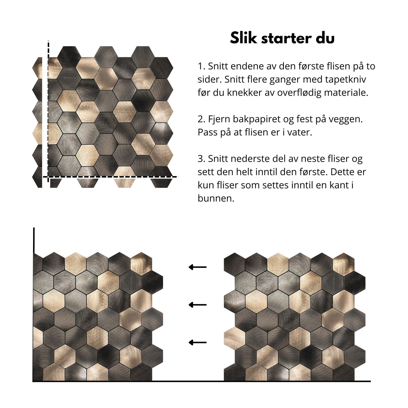 10 - pk Latte hexagon selvklebende veggfliser - Lindas Dekor
