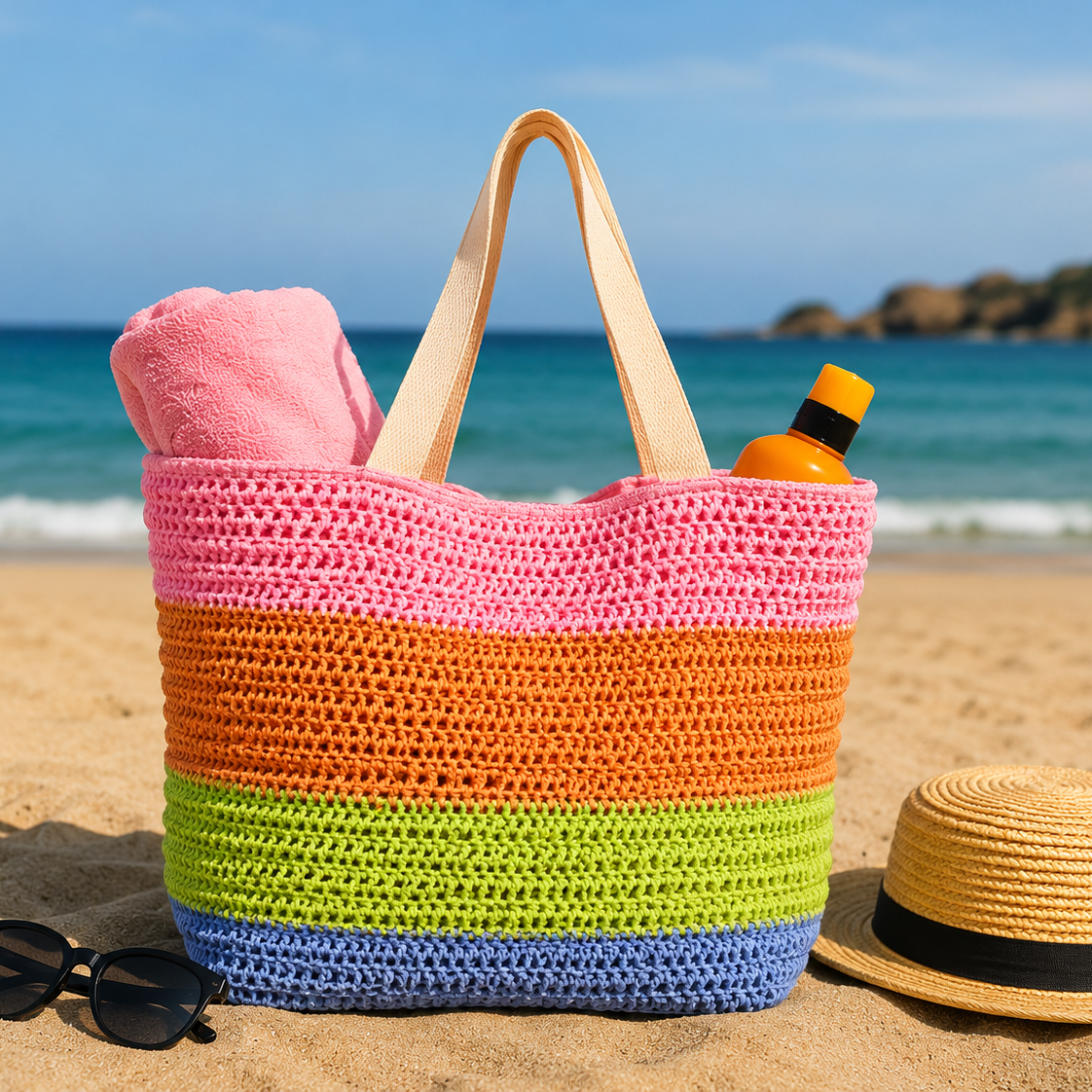 Fargerik strandbag Sienna med heklede striper