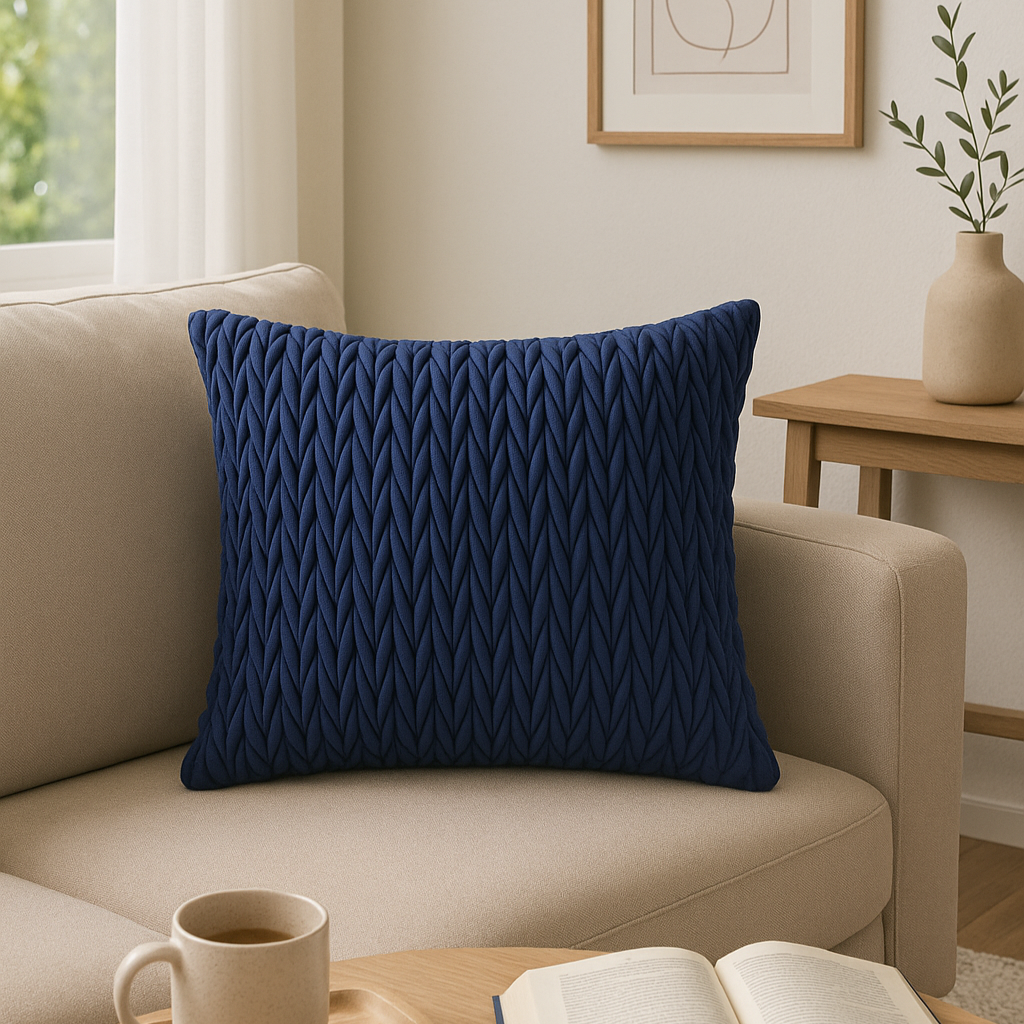 Blått velurputetrekk med flettestruktur plassert i lys stue.