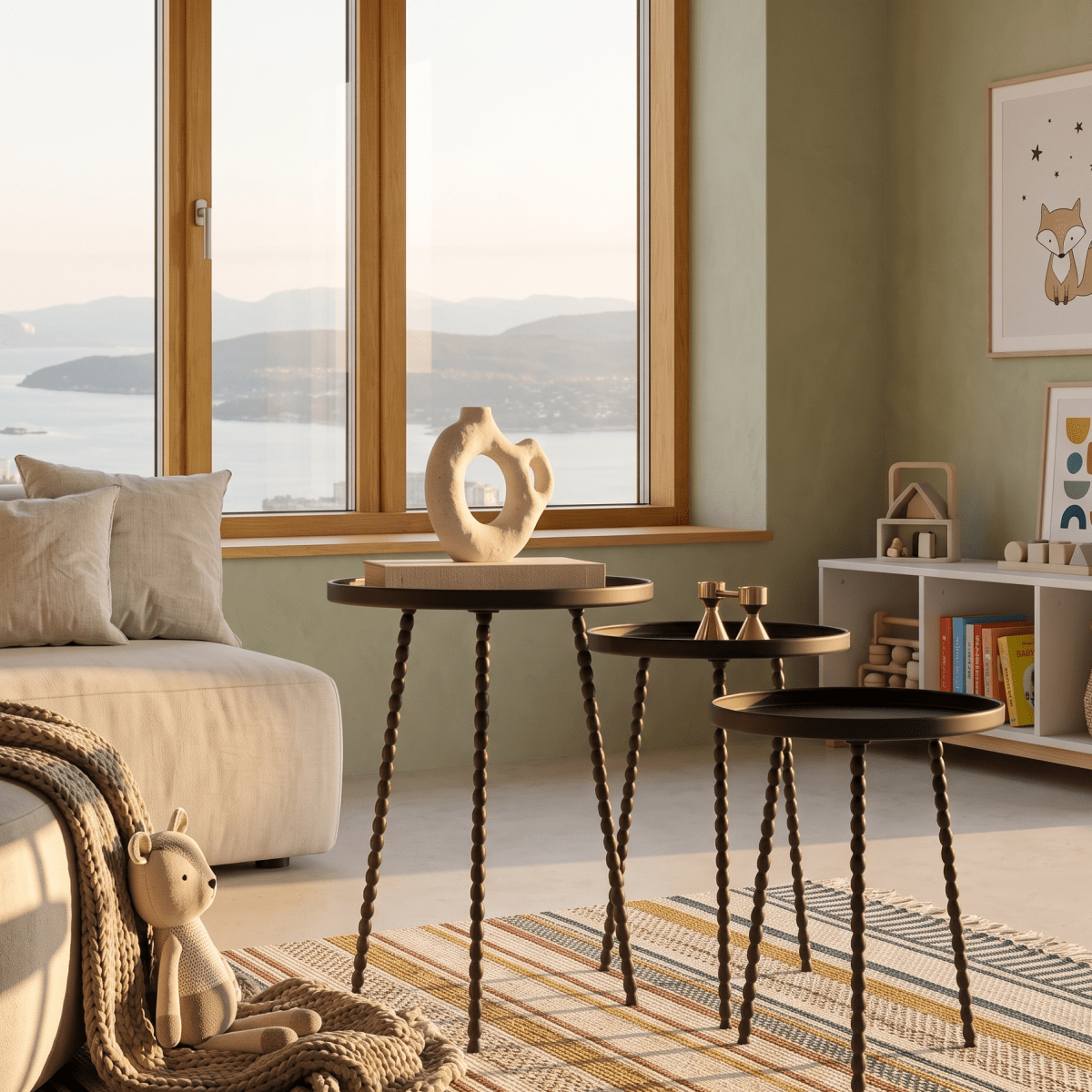 Salvo sidobord: en uppsättning med tre svarta bord placerade tillsammans i ett ljust vardagsrum med soffa och trägolv
