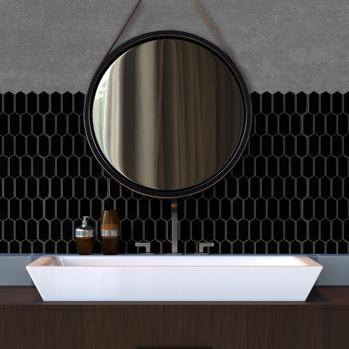 Den sekskantede formen skaper et spennende og dynamisk mønster.