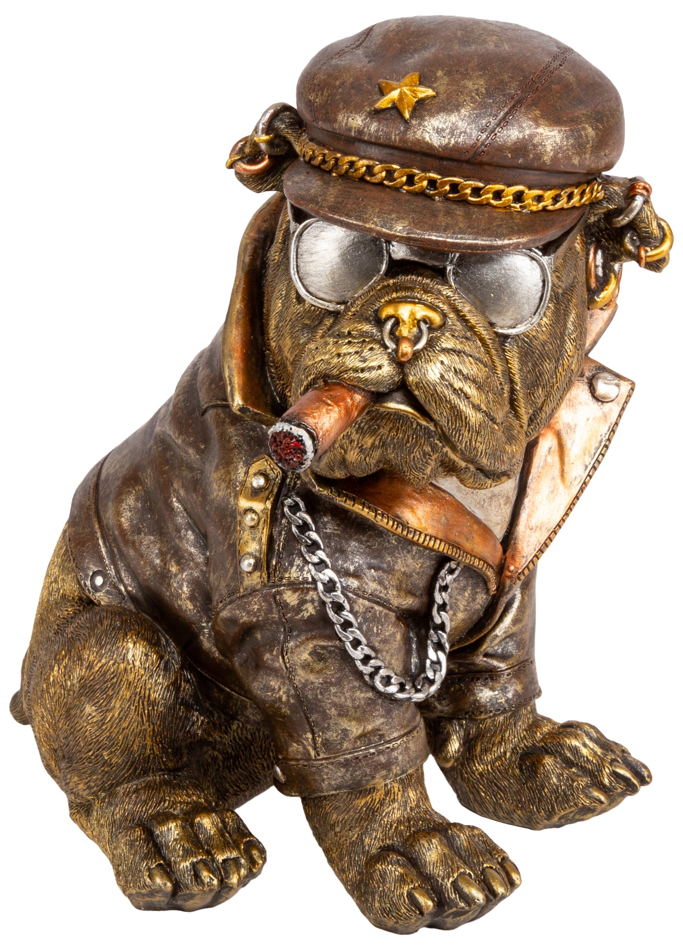 Bulldogfigur med hatt, solbriller og sigar – dekor i bronsefinish