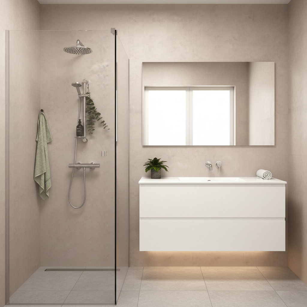 Beige betong selvklebende fliser montert på bad i varm betonglook