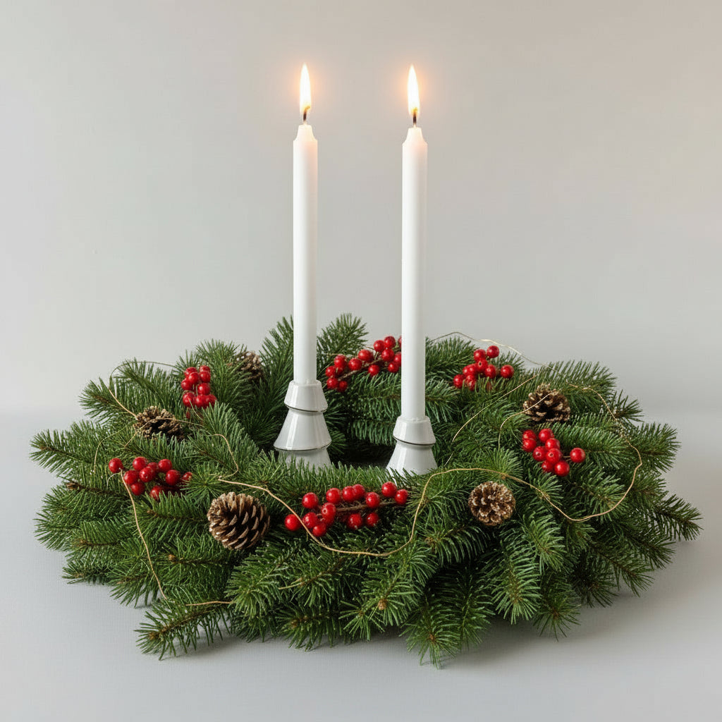 To hvite lysestaker formet som juletrær med høye hvite stearinlys.