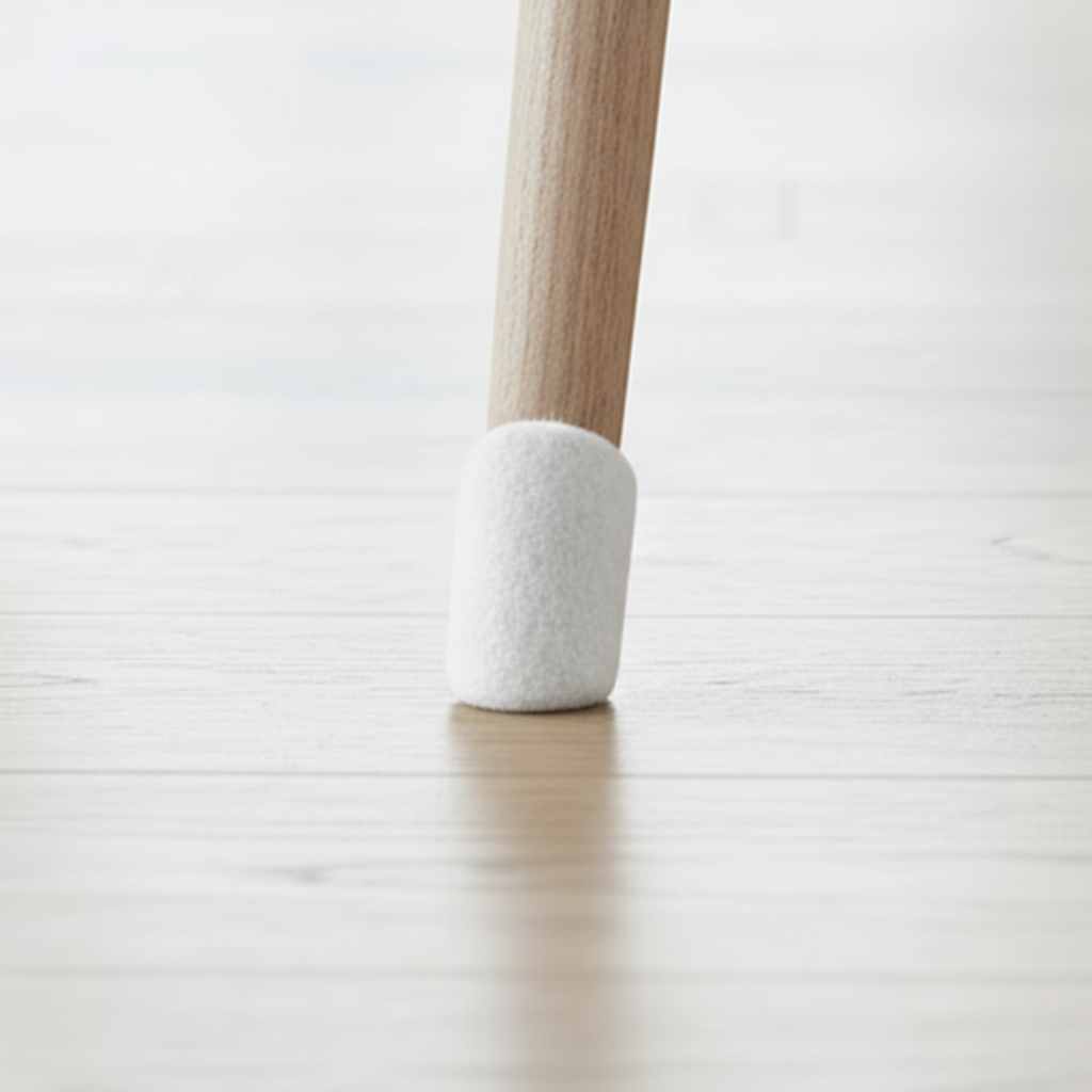 Hvit filtknott festet under stolbein på lyst gulv fra Lindas Dekor
