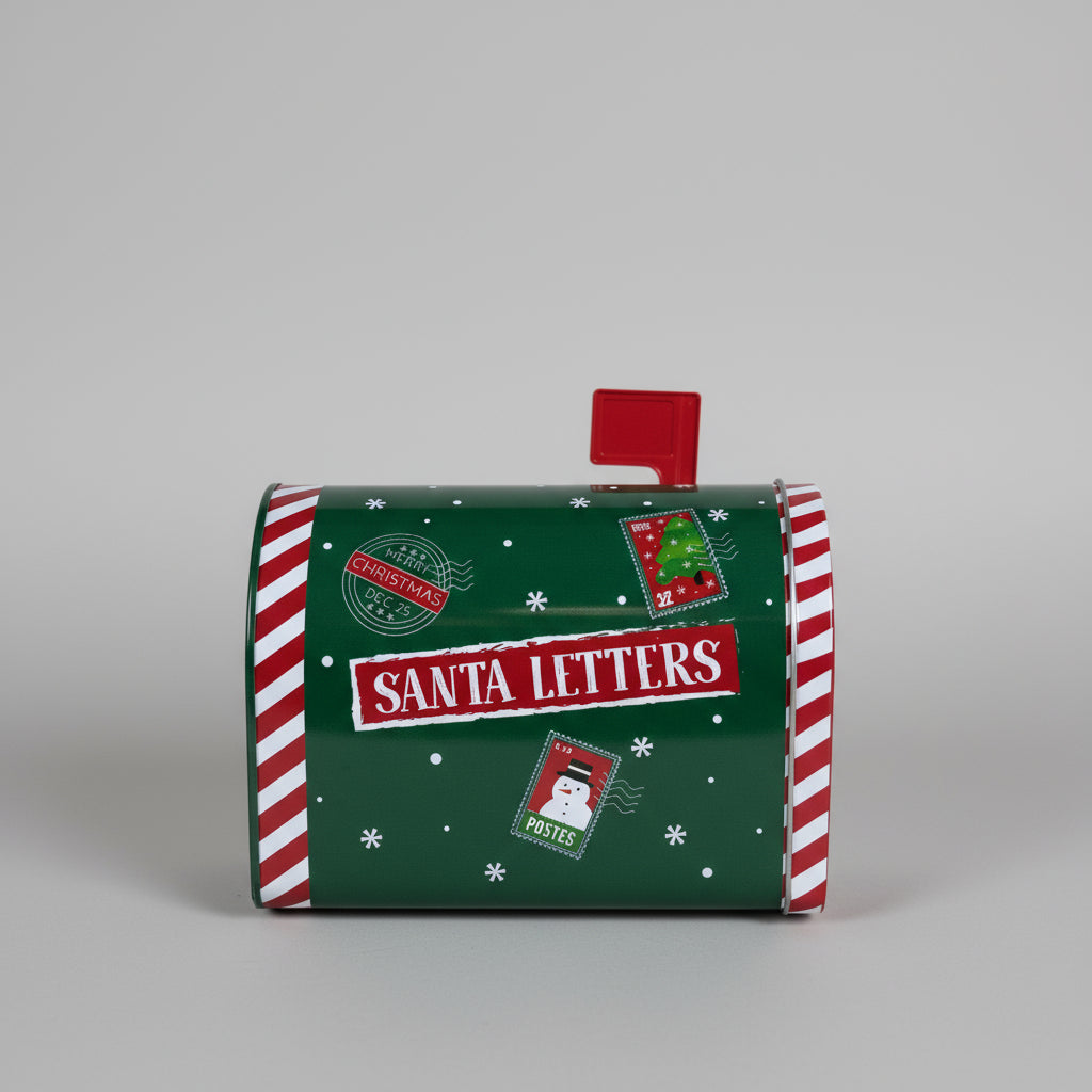 Stor julepostkasse i grønn metall med hvite detaljer og teksten Santa Letters – fra Lindas Dekor