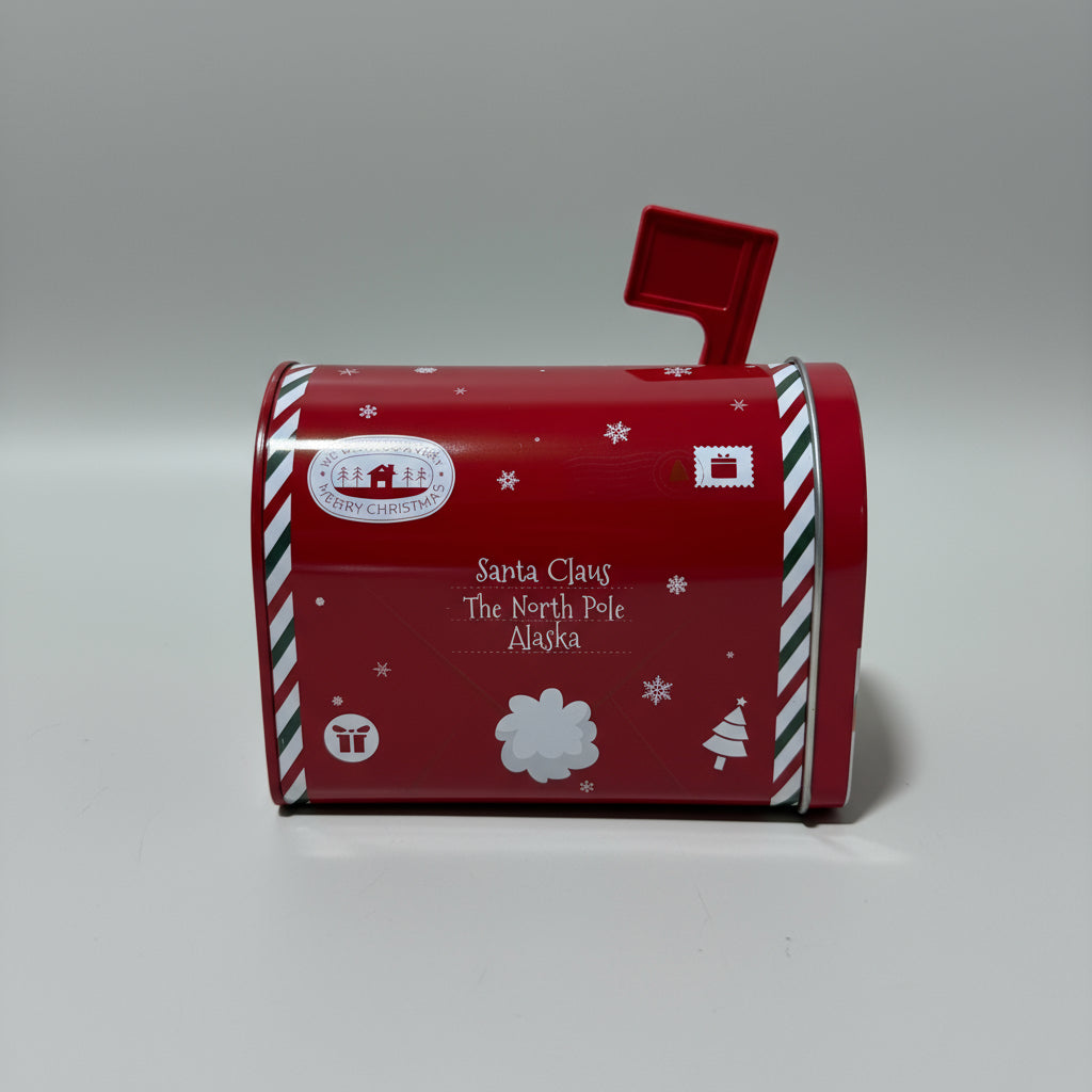 Dekorativ liten julepostkasse i metall med tekst Dear Santa og nissedekor