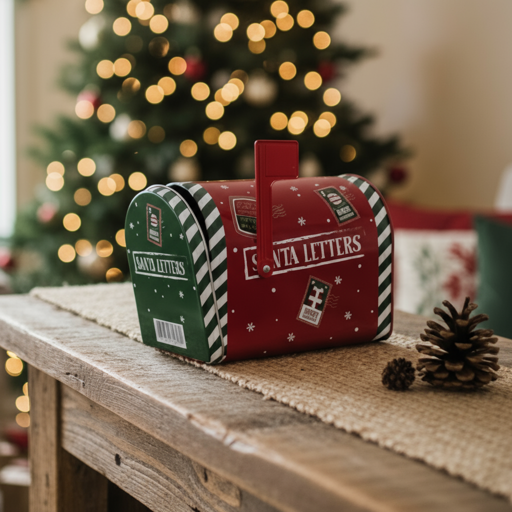 Dekorative metallbokser – julepostkasser i rødt og grønt