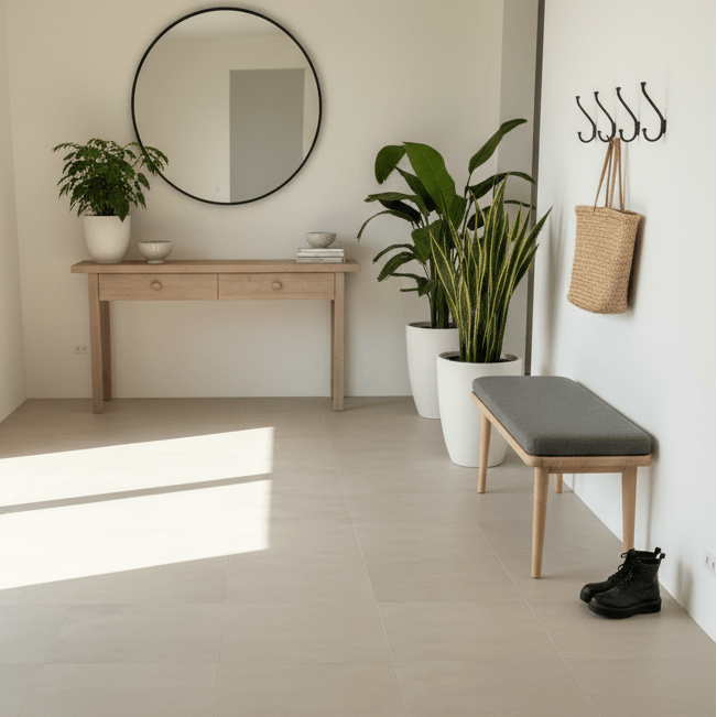 Beige betong fliser brukt i dusjsone med matt overflate