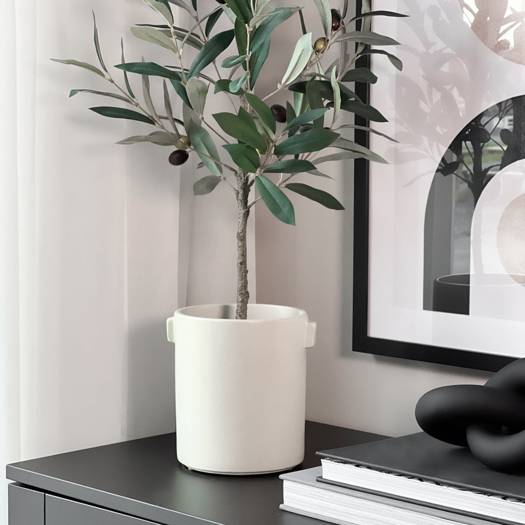 Justine creme potte med plante i vinduskarm, moderne interiør.