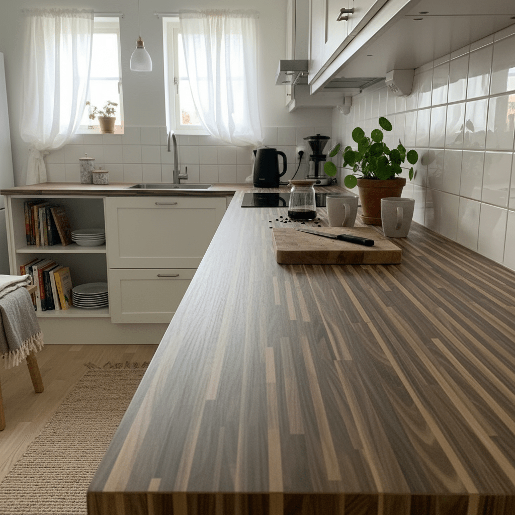 Nærbillede af Birmingham brun kontaktplast med en rig brun overflade og premium finish