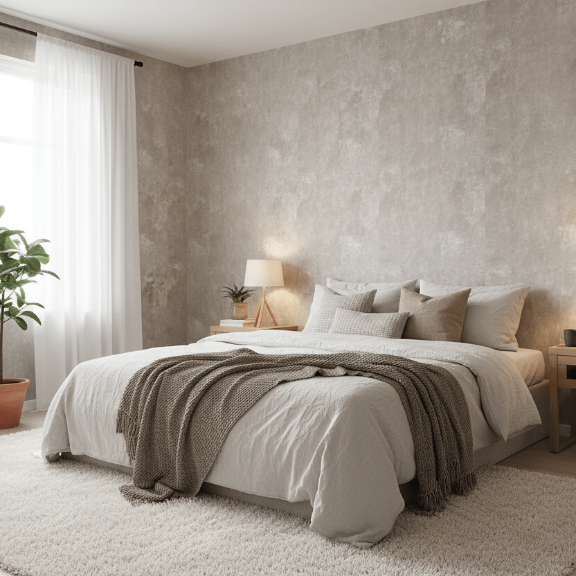 Limewash beige kontaktplast brukt som tapet på soverom. Lyn behagelig farge