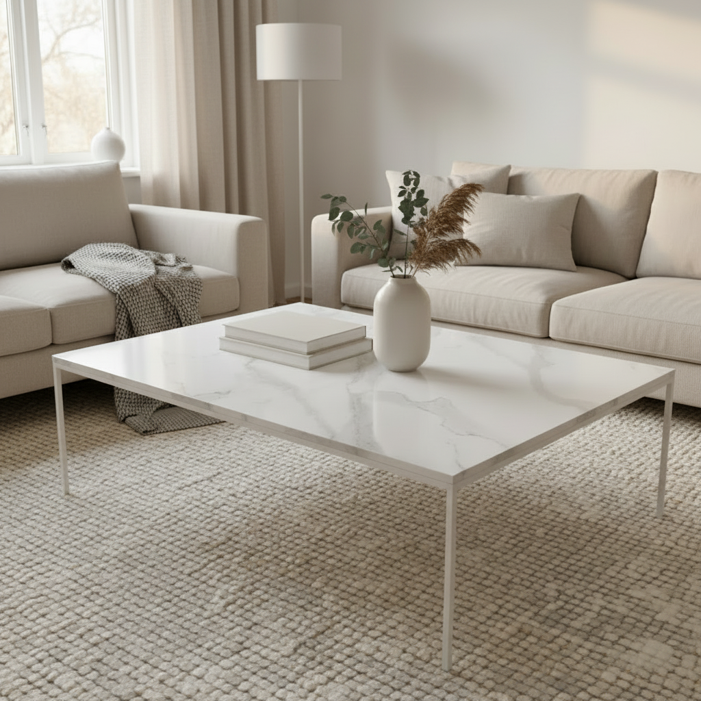 Marmor klassisk hvit kontaktplast på et stuebord i et skandinavisk hjem