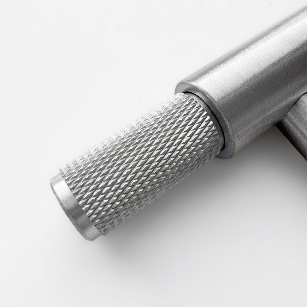 Kvadratisk nærbilde av sølvfarget T-bar håndtak i moderne design på skapfront