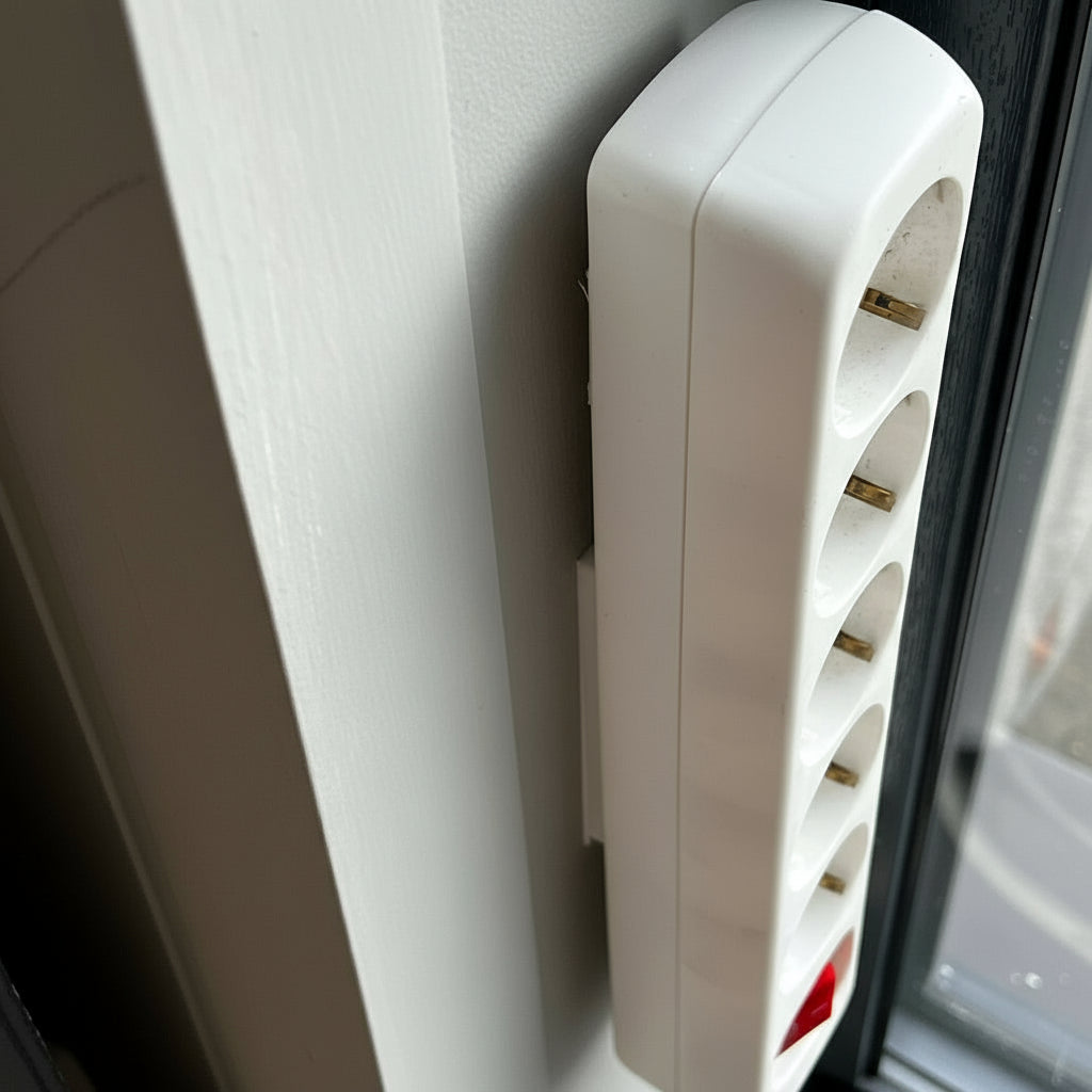 Praktisk hvit holder for grenuttak brukt til skjult ledningsføring