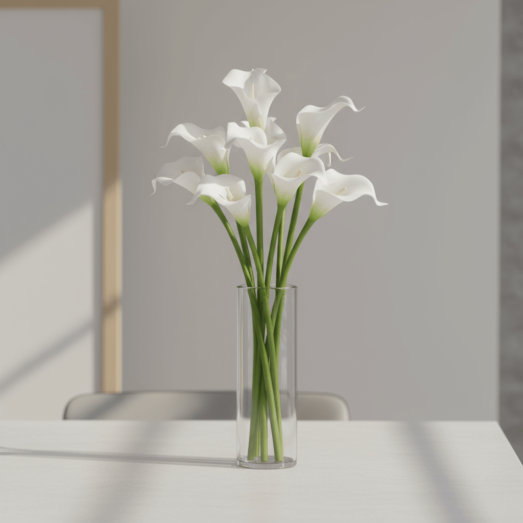Elegant buket med vita kalla-liljor och gröna blad i en vas, placerad på ett festpyntat bord i en modern och ljus stuga.