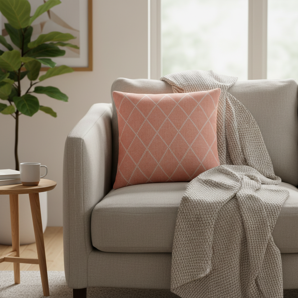 Kvadratisk produktfoto av rosa putetrekk på sofa