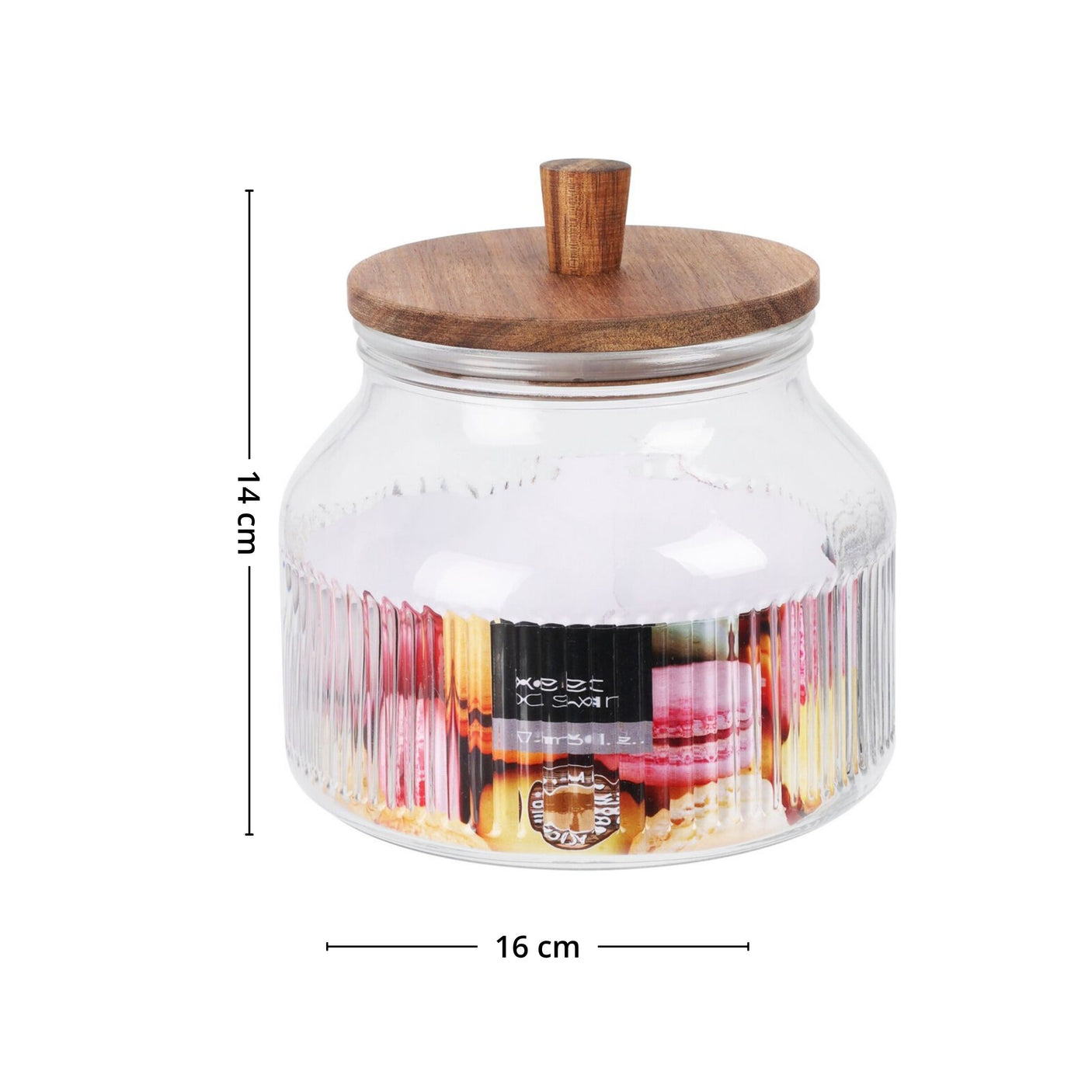 Dekorativ glasskrukke med rillet mønster og praktisk trelokk.