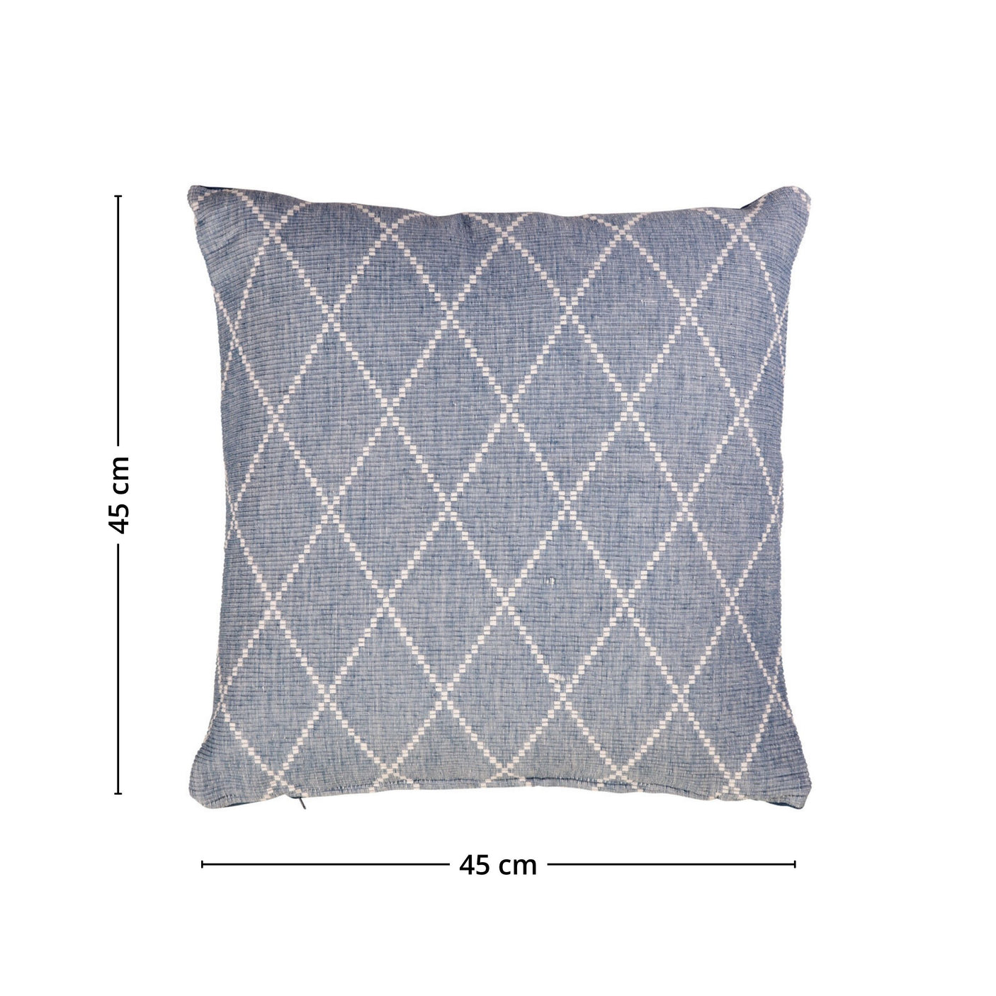 Detaljert bilde av putetrekk i blå jacquard med teksturert overflate.