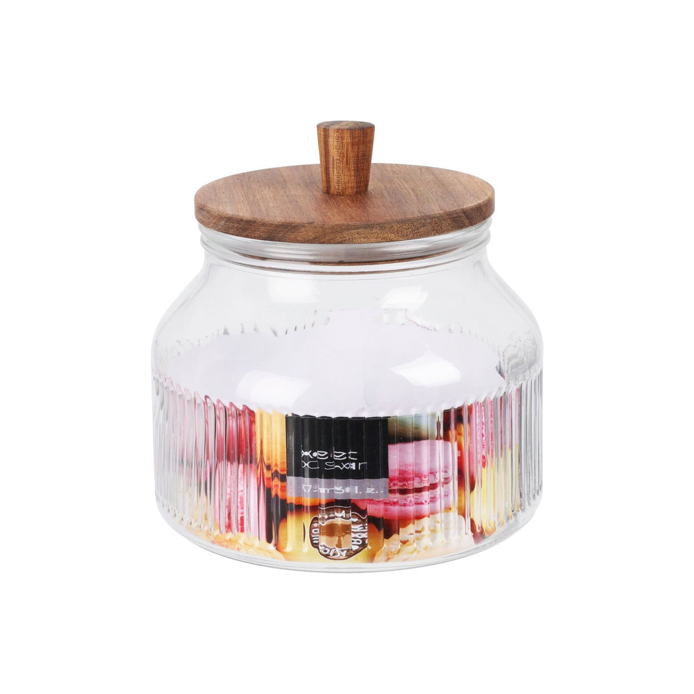 Liten oppbevaringskrukke i stripet glass med lokk i naturlig tre.