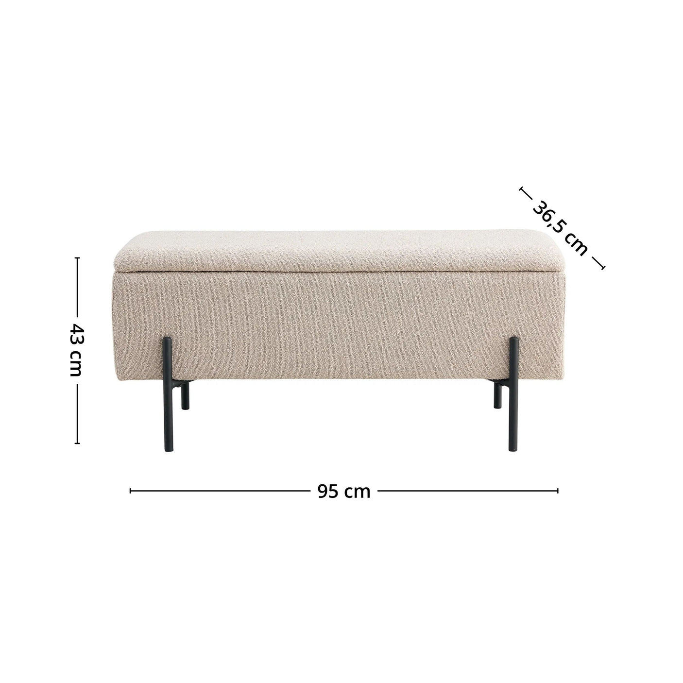 Brun tekstilbenk med sorte metallben og rottingkurver ved siden av.