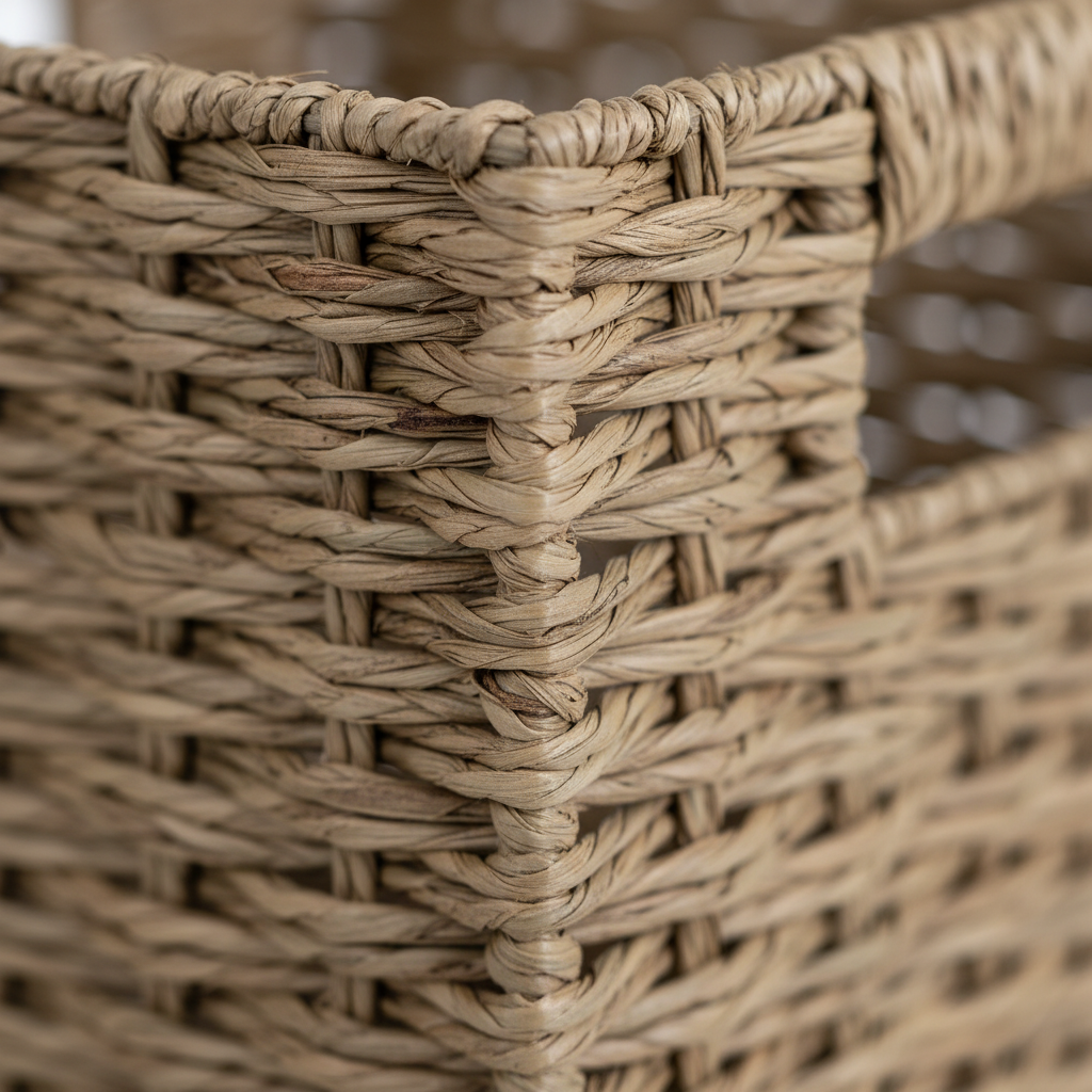 Naturfarget flettet oppbevaringskurv med smÄting i stue, nordisk design"