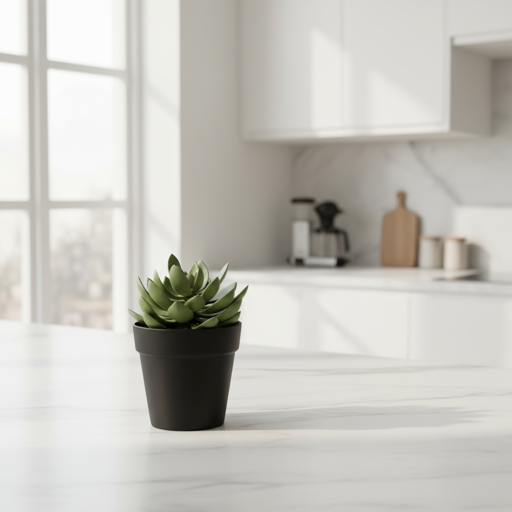 Kunstig grønn plante med tykke blader plassert på bord