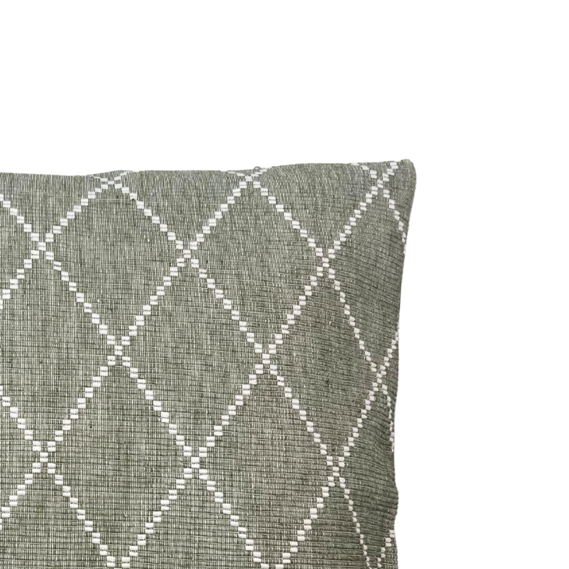 Detaljert visning av grønt jacquard putetrekk med klassisk firkantmønster, selges i 3-pakning.