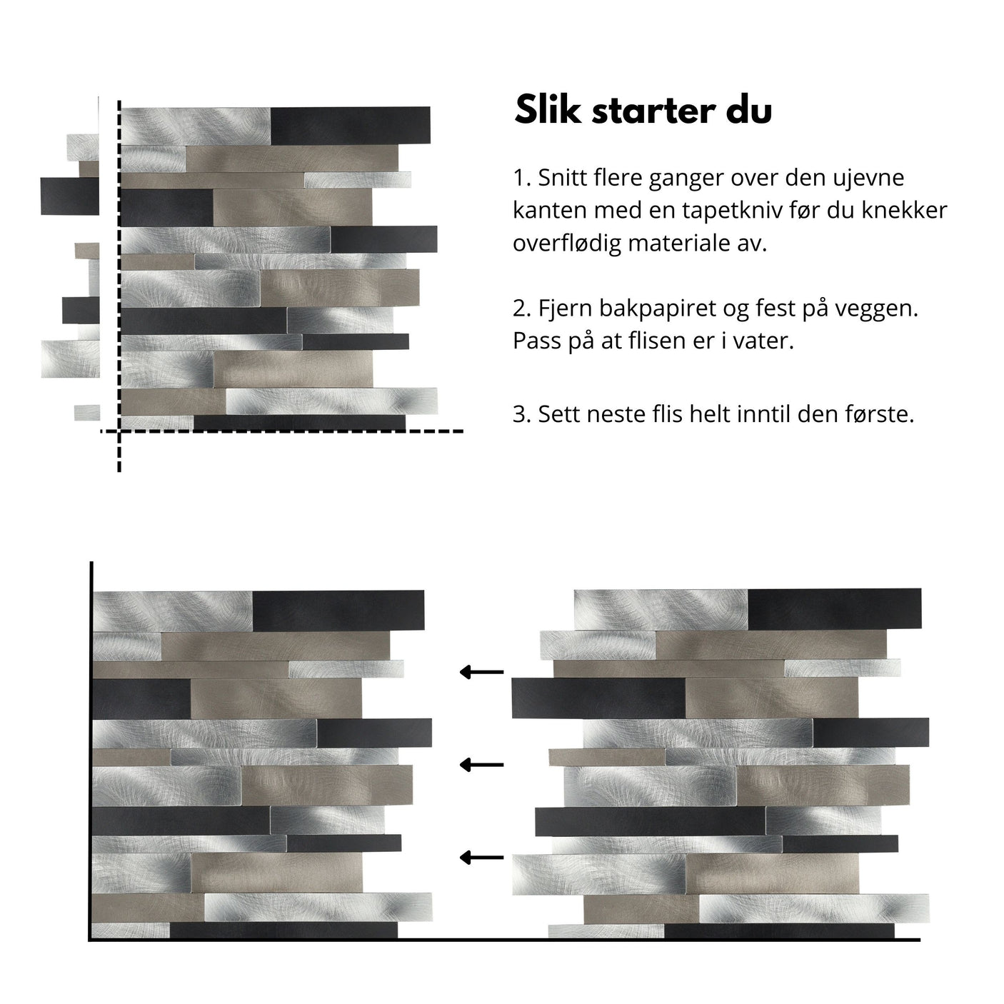 Nærbilde av Tanya Stav fliser i sølv og svart med moderne overflate