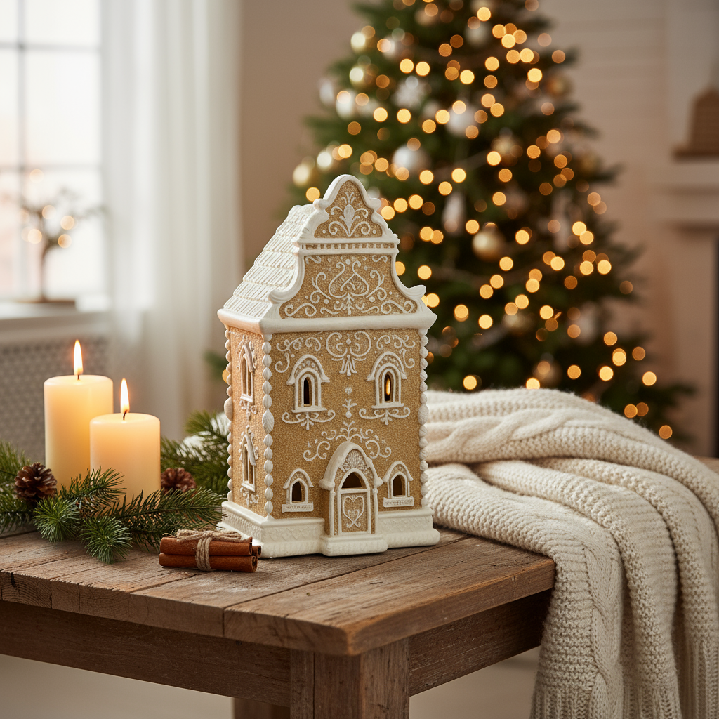 Pepperkakehus med hvite detaljer og LED-lys, laget i polyresin. Høyde 34,5 cm.