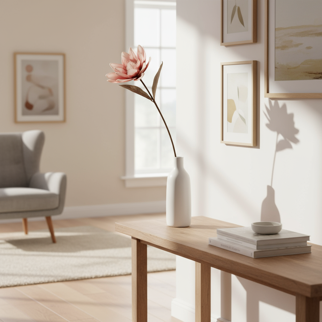 Kvist med rosa blomst 84 cm mot lys bakgrunn