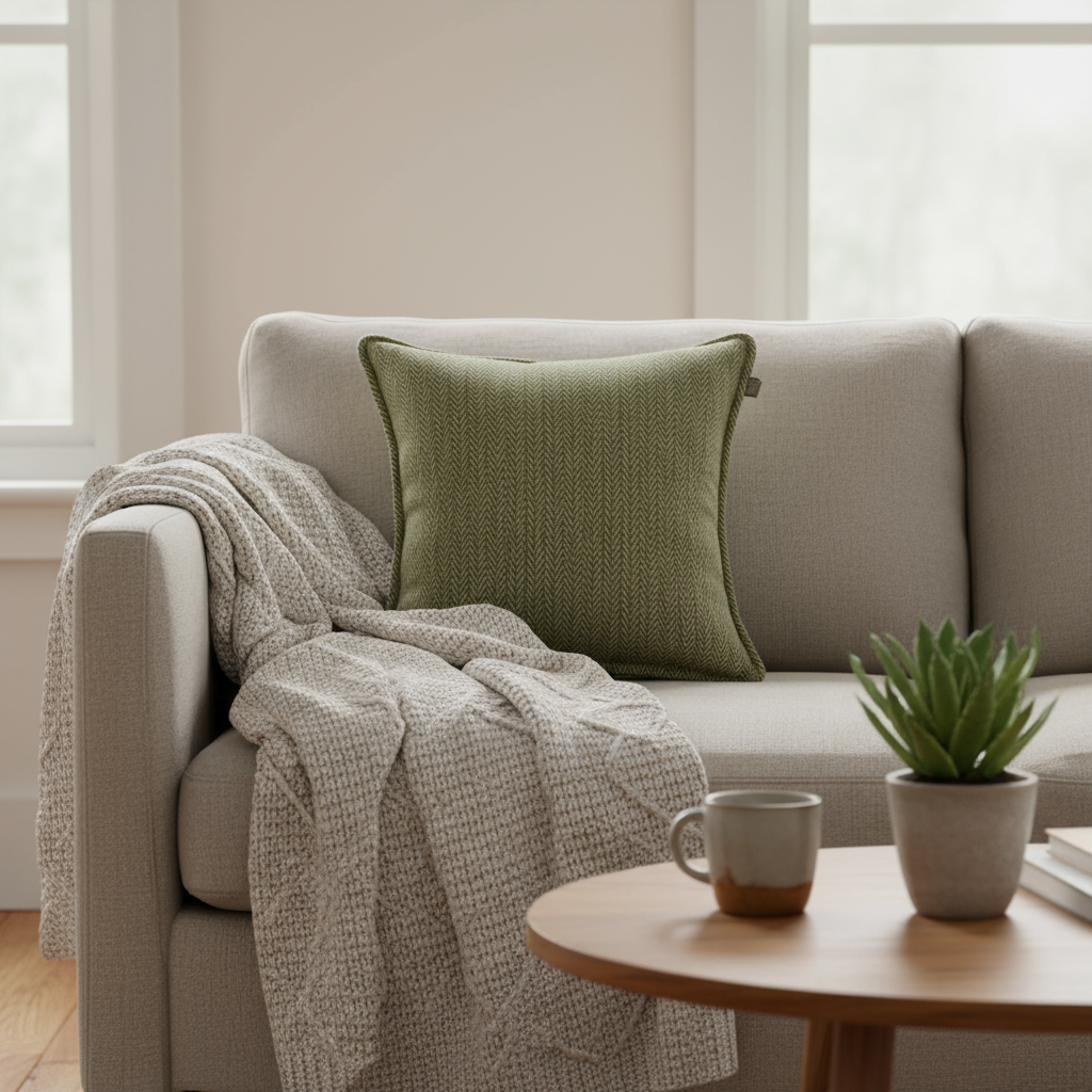 Kvadratisk grønt putetrekk med glidelås i bunn