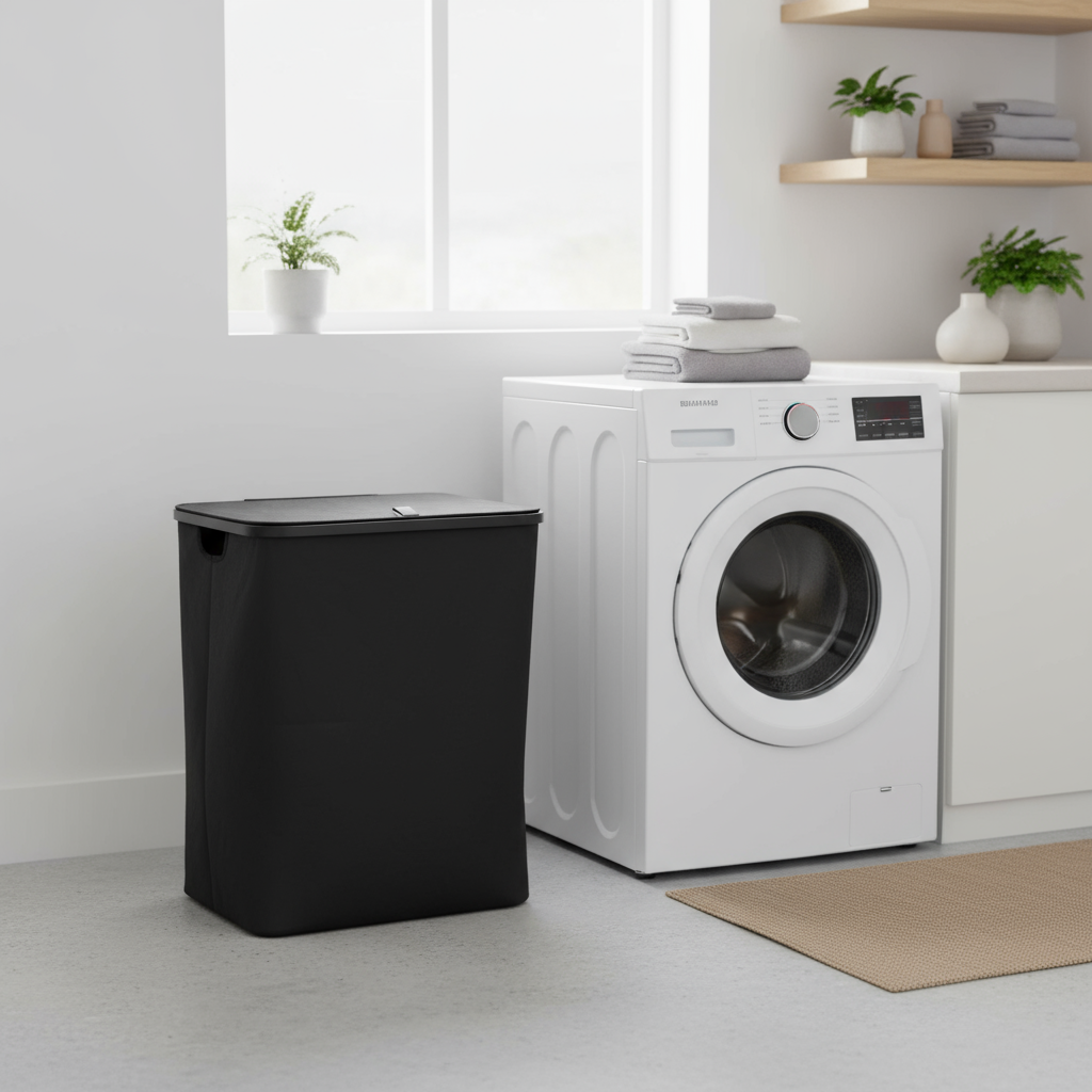 Sort skittentøyskurv i tekstil fra Halvor Bakke