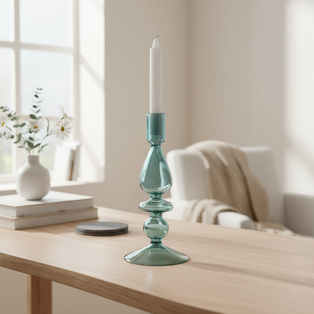 Blå glasslysestake på hvit bakgrunn