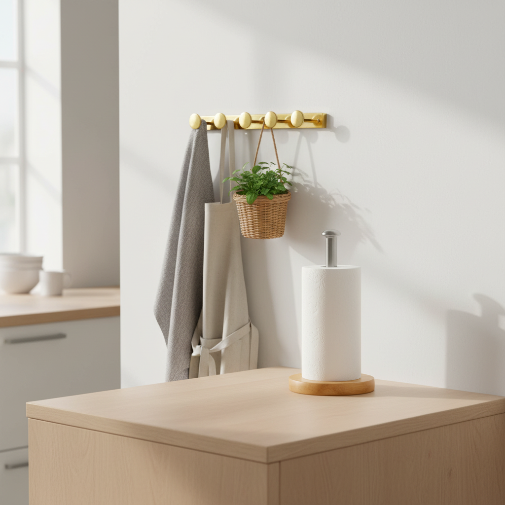 gullfarget metallknaggrekke montert på vegg