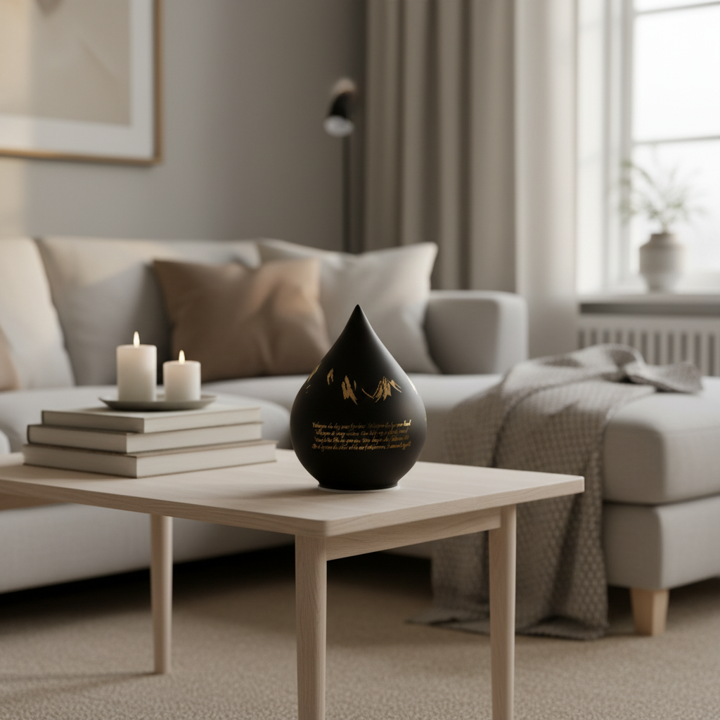 Dråpeformet LED lyslykt med nordnorsk salme brukt i stue