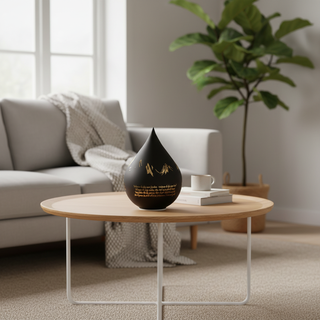 Dråpeformet LED lyslykt med nordnorsk salme brukt i stue