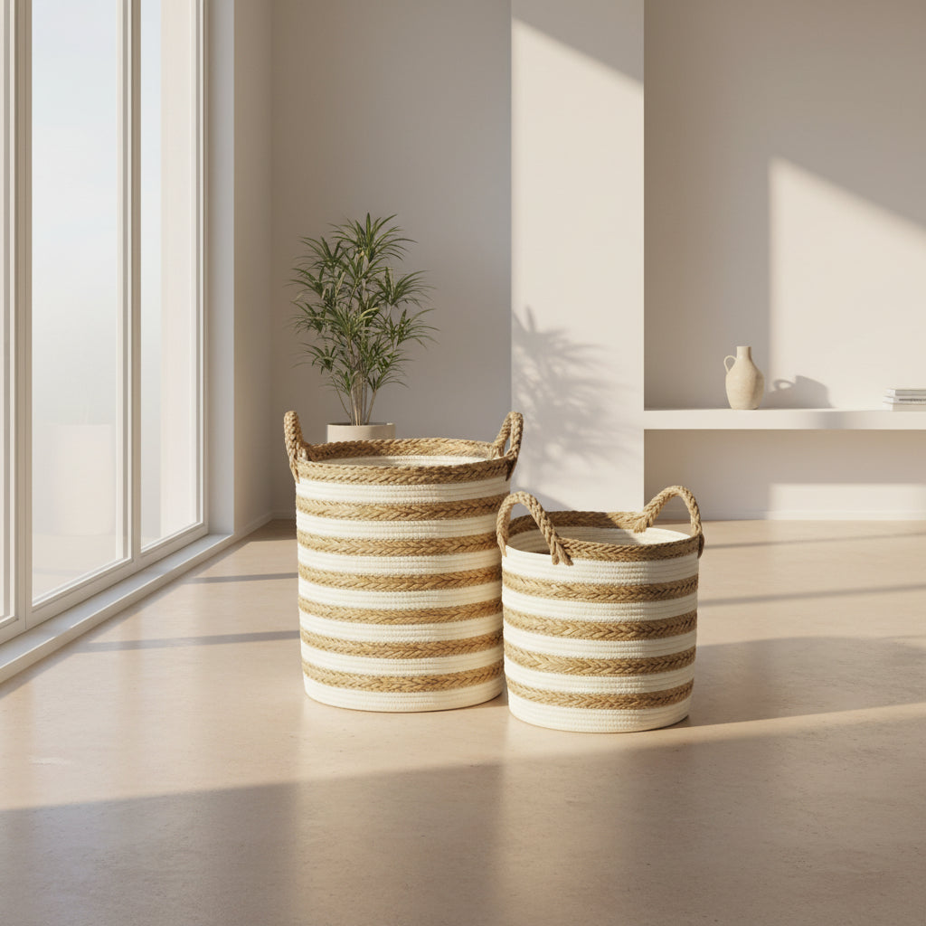 Oppbevaringskurver stripet hvit og natur, 2 stk sett i gress og bomull