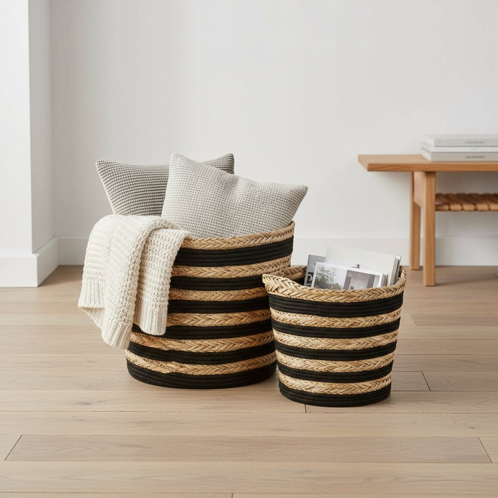2 - pk oppbevaringskurver stripet Sort/Natur - Lindas Dekor
