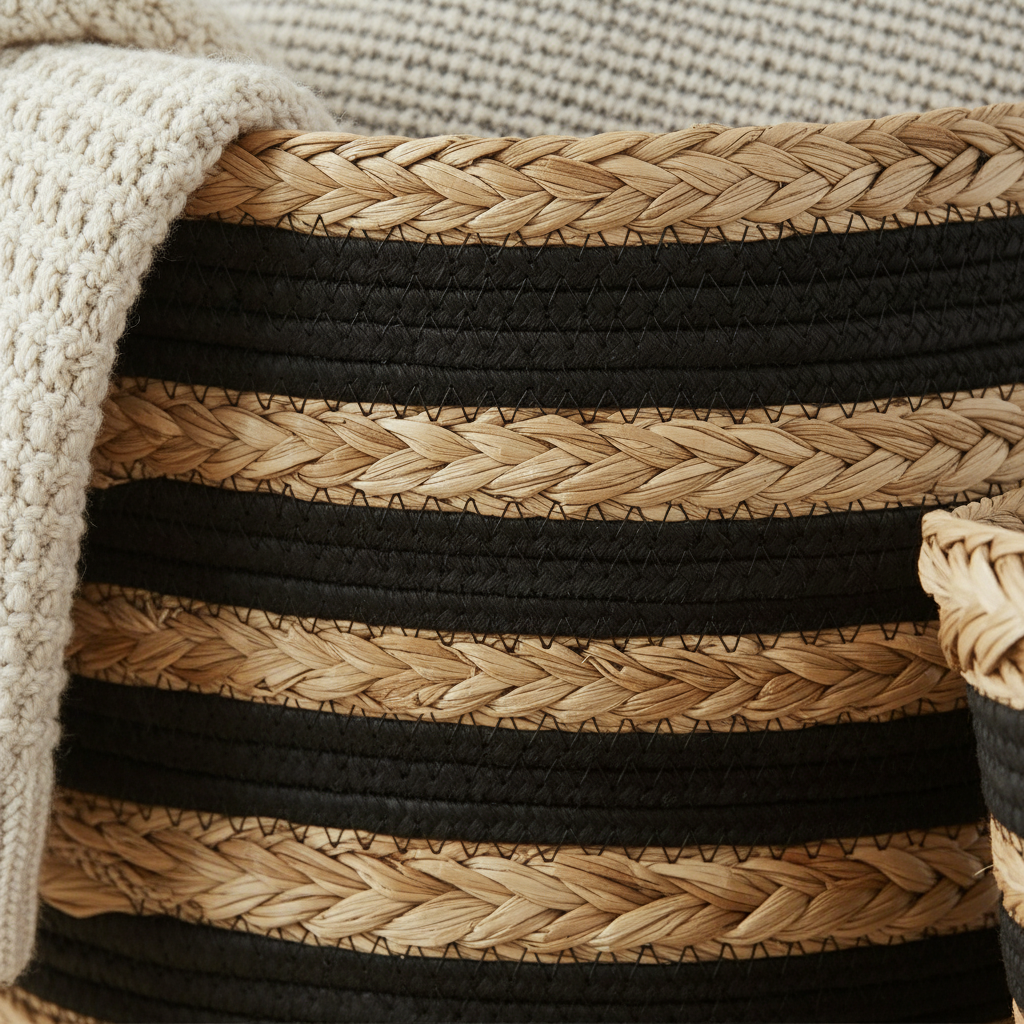 Detaljbilde av stripet oppbevaringskurv i naturlig gress med sorte bomullsstriper