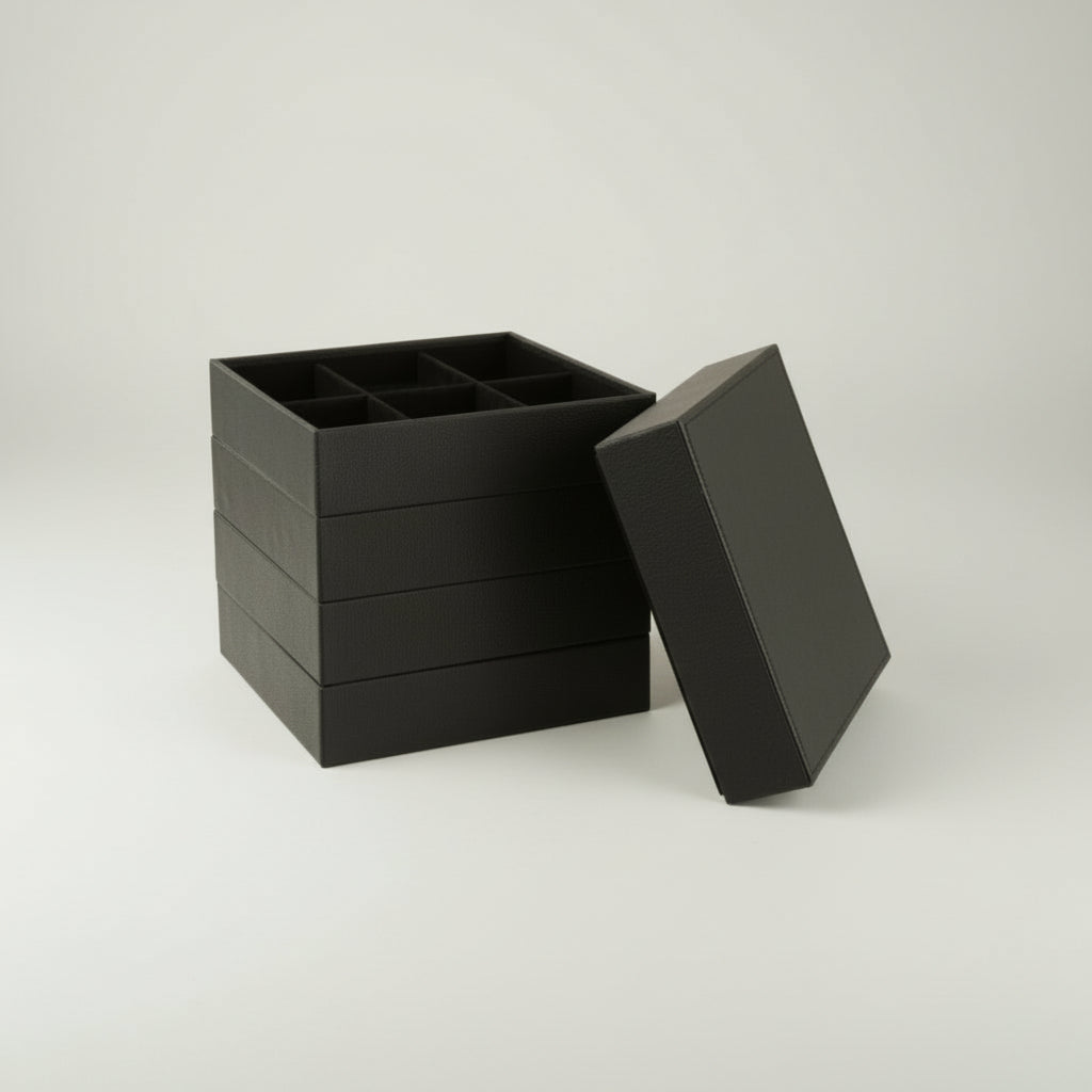 Detaljbilde av smykkeboks med 4 rom i svart kunstskinn, organisering av smykker