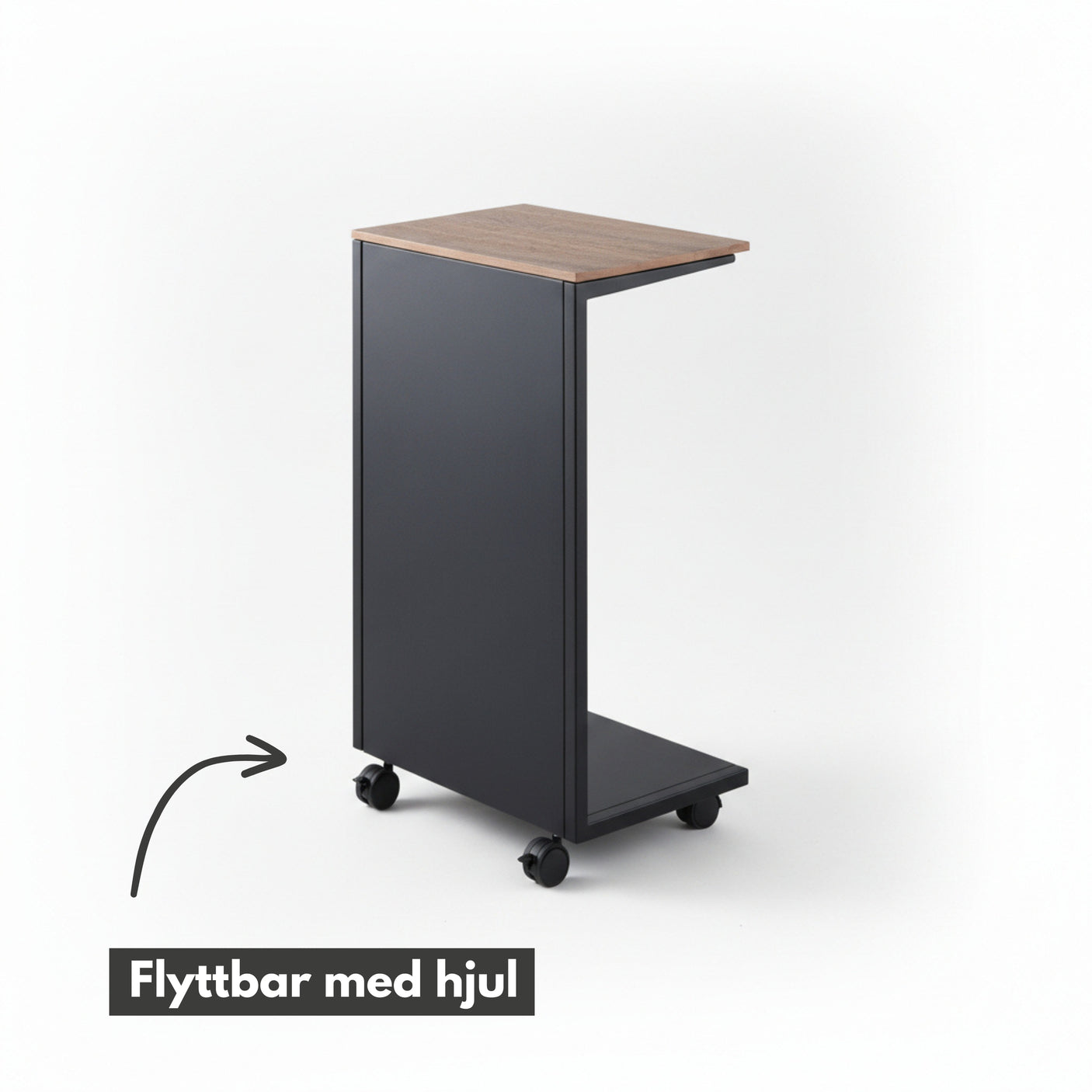 Bord med hjul og treplate, passer til soverom, stue eller hjemmekontor.