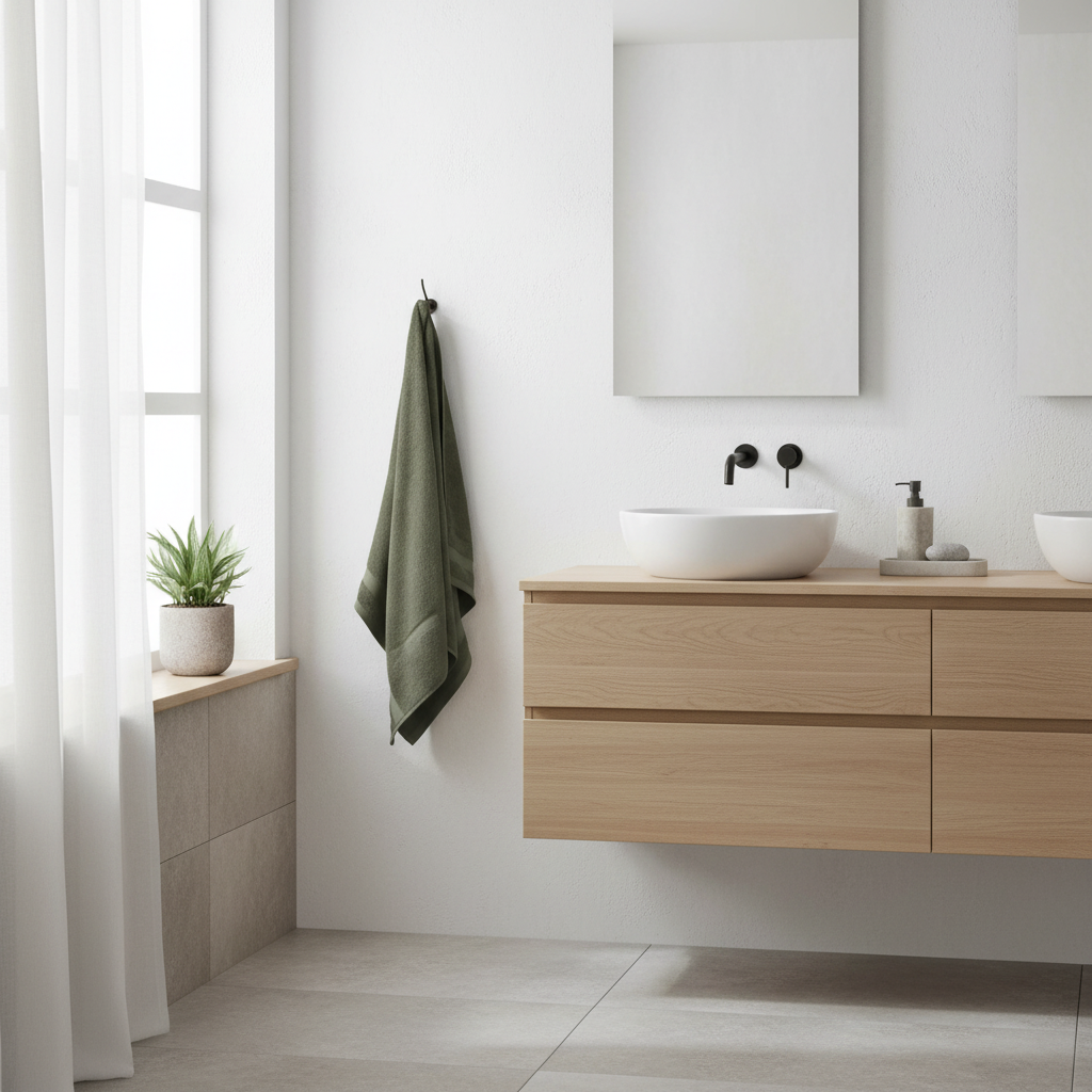 Grønt badehåndkle hengende i moderne skandinavisk bad