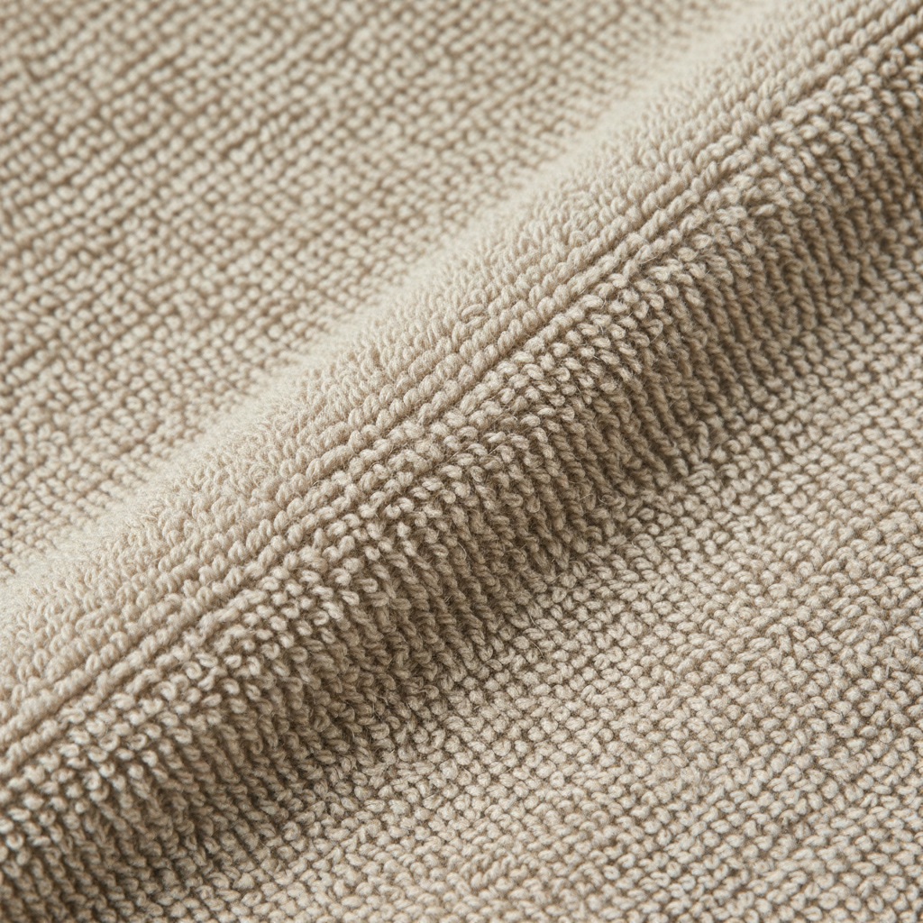 Nøytralt beige badehåndkle hengende i moderne baderom