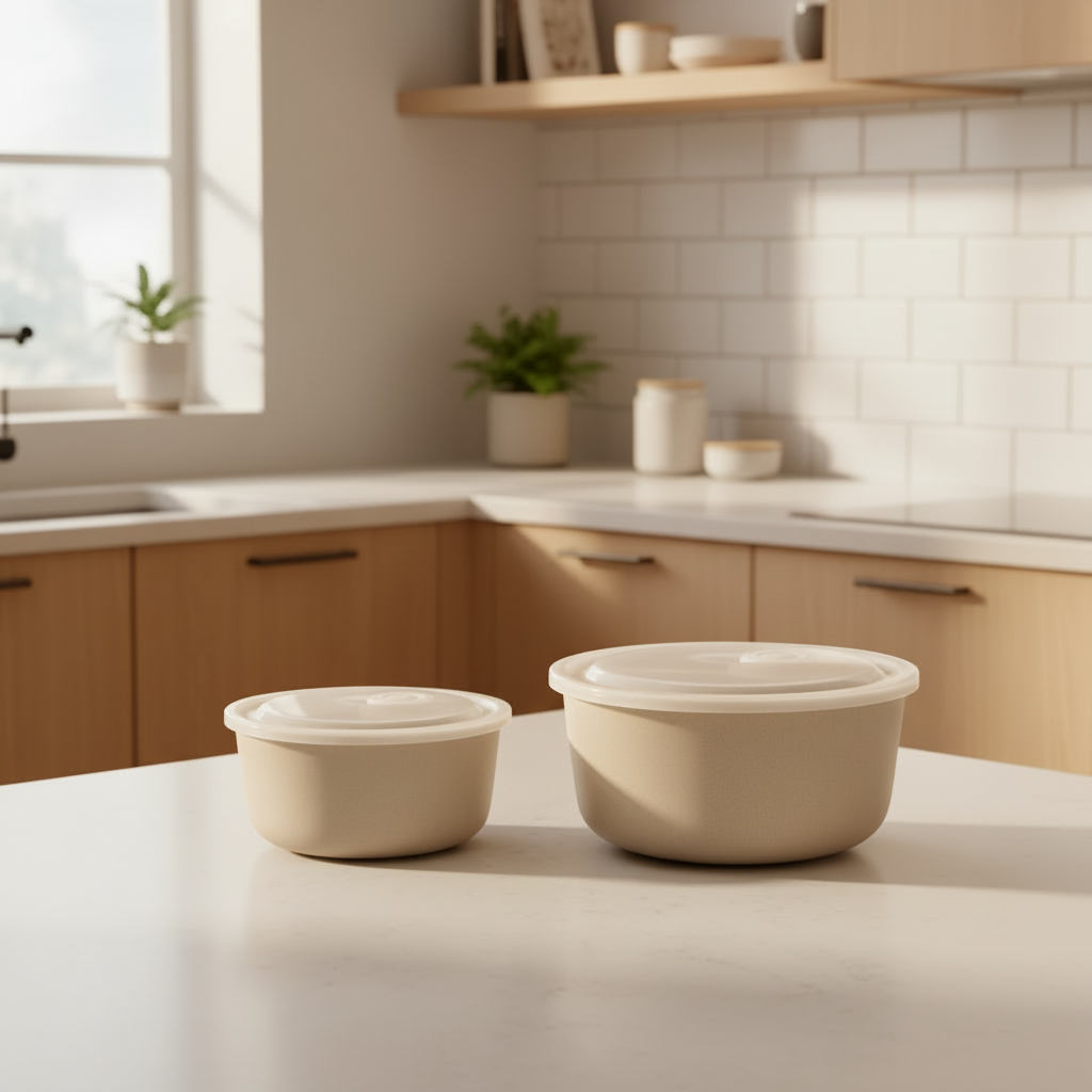 2-pk porselenskål med lokk grå - praktisk oppbevaringssett i to størrelser