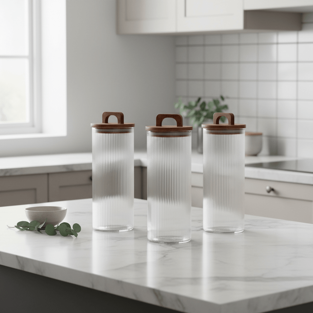 3 - pk krukke rillet glass 1650 ml - Lindas Dekor