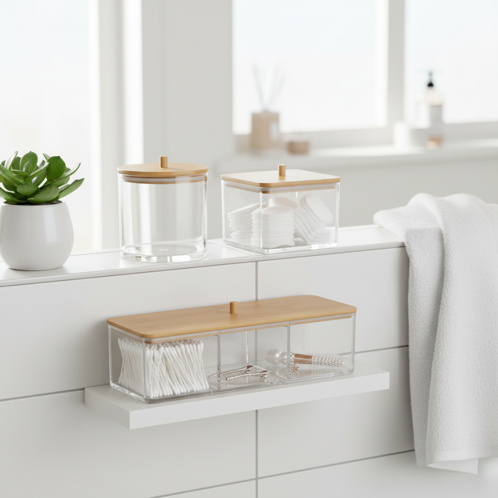 3-pk oppbevaringsbokser akryl med bambuslokk