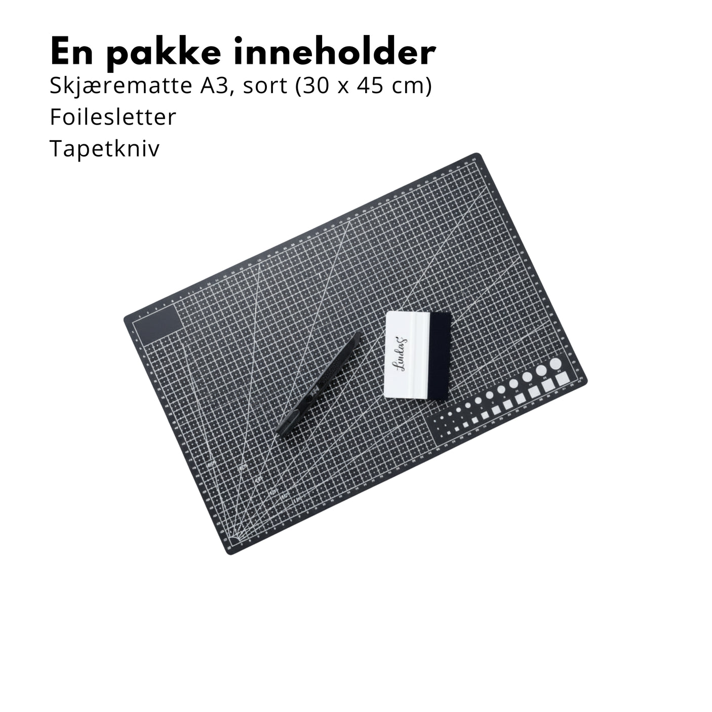 Startpakke for DIY: Skjærematte A3 med rutenett, foliesletter, presisjonskniv og 60 cm metallinjal – ideell til kontaktplast, hobby og presisjonsarbeid.